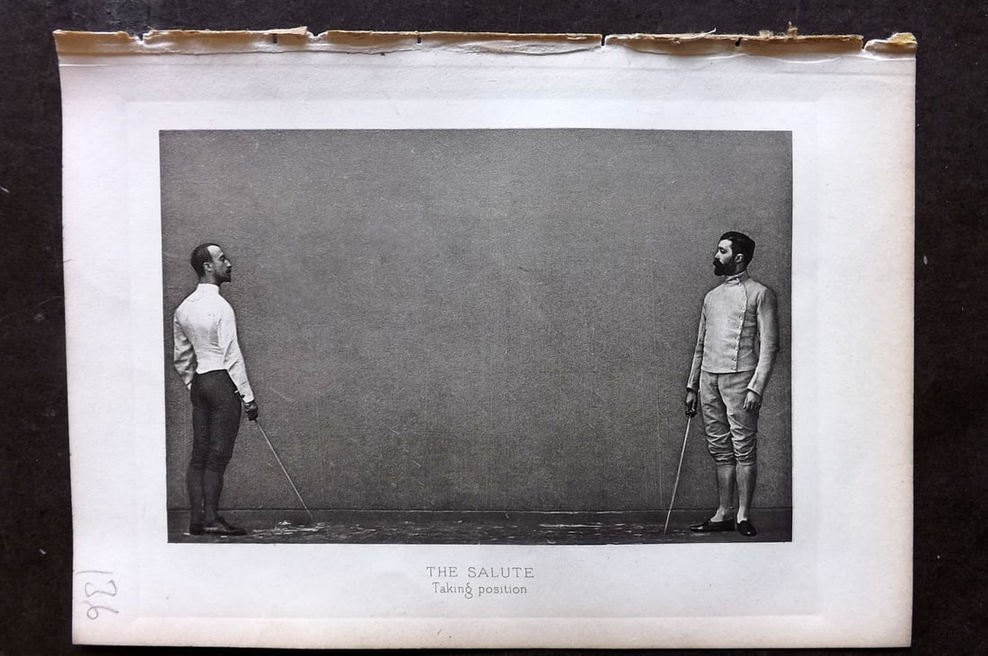 Badminton Library 1889 Antique Sword Fencing Print. The Slaute. Taking Position.: Photogravure Published 1889, London for "The Badminton Library of Sports and Pastimes..." by Walter H. Pollock, E. B. Michell, and Walter Armstrong.Paper Size: 7.5 x 5 inch (19 x 13cm) Good Condition