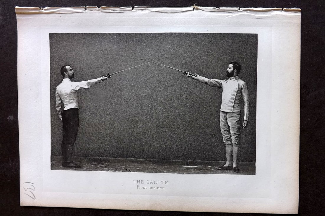Badminton Library 1889 Antique Sword Fencing Print. The Salute. First Position.: Photogravure Published 1889, London for "The Badminton Library of Sports and Pastimes..." by Walter H. Pollock, E. B. Michell, and Walter Armstrong.Paper Size: 7.5 x 5 inch (19 x 13cm) Good Condition