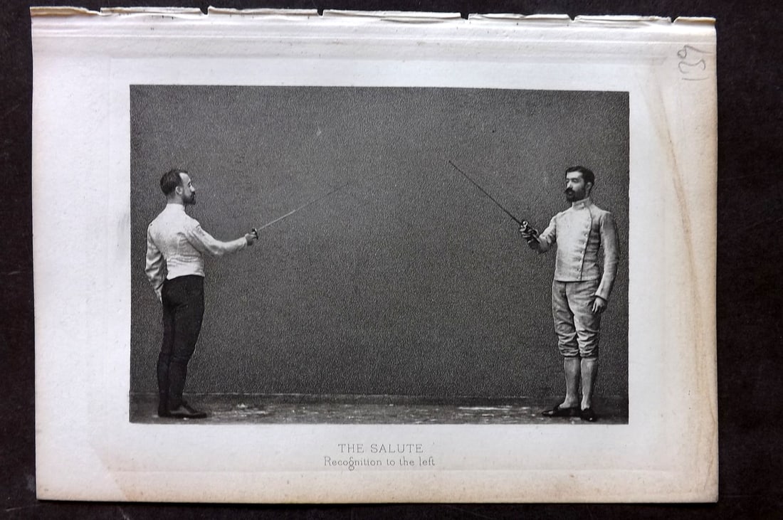 Badminton Library 1889 Antique Sword Fencing Print. The Salute. Recognition to the left.: Photogravure Published 1889, London for "The Badminton Library of Sports and Pastimes..." by Walter H. Pollock, E. B. Michell, and Walter Armstrong.Paper Size: 7.5 x 5 inch (19 x 13cm) Good Condition