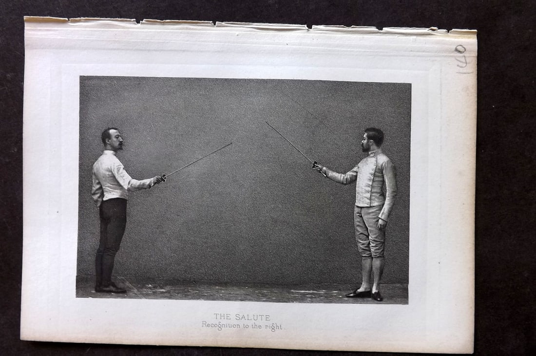 Badminton Library 1889 Antique Sword Fencing Print. The Salute. Recognition to the right.: Photogravure Published 1889, London for "The Badminton Library of Sports and Pastimes..." by Walter H. Pollock, E. B. Michell, and Walter Armstrong.Paper Size: 7.5 x 5 inch (19 x 13cm) Good Condition