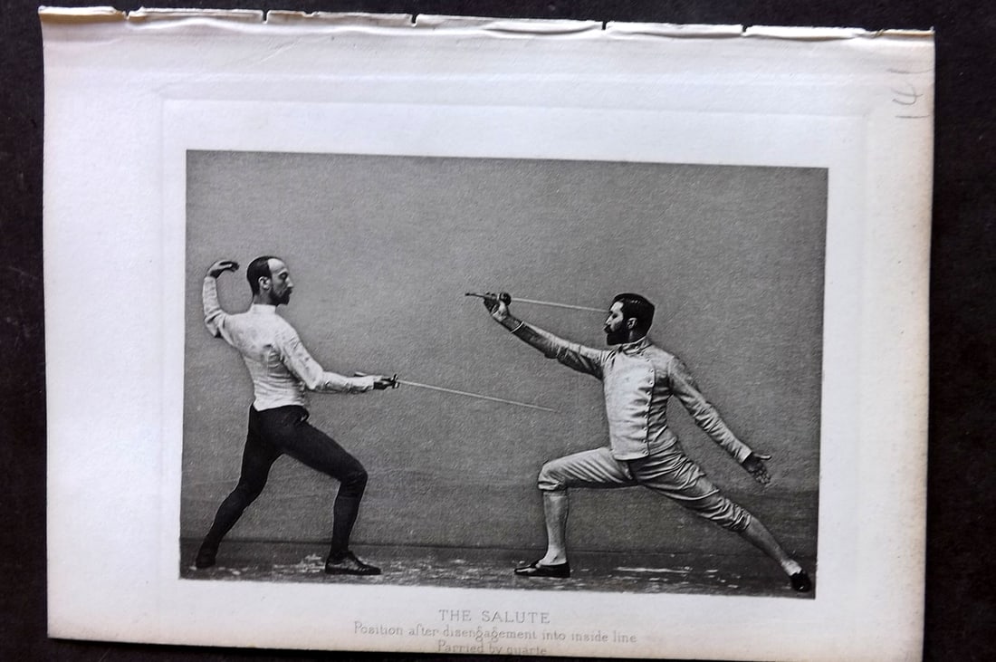 Badminton Library 1889 Antique Sword Fencing Print. The Salute, Position after disengagement.: Photogravure Published 1889, London for "The Badminton Library of Sports and Pastimes..." by Walter H. Pollock, E. B. Michell, and Walter Armstrong.Paper Size: 7.5 x 5 inch (19 x 13cm) Good Condition