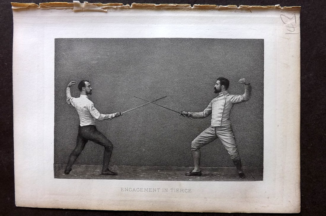 Badminton Library 1889 Antique Sword Fencing Print. Encampment in Tierce: Photogravure Published 1889, London for "The Badminton Library of Sports and Pastimes..." by Walter H. Pollock, E. B. Michell, and Walter Armstrong.Paper Size: 7.5 x 5 inch (19 x 13cm) Good Condition