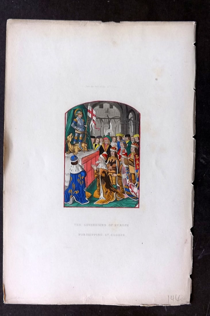 Shaw Middle Ages 1843 HCol Print. Sovereigns of Europe worshipping St. George: Hand Colored Aquatint Published 1843 London for "Dresses and Decorations of the Middle Ages" by Henry Shaw. Paper Size: 11 x 7 inch (28 x 18cm) Good Condition