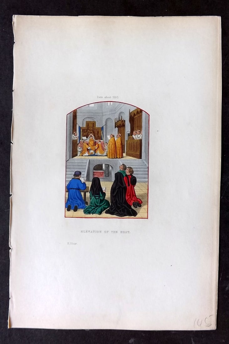 Shaw Middle Ages 1843 HCol Print. Elevation of the Host. C1500: Hand Colored Aquatint Published 1843 London for "Dresses and Decorations of the Middle Ages" by Henry Shaw. Paper Size: 11 x 7 inch (28 x 18cm) Good Condition