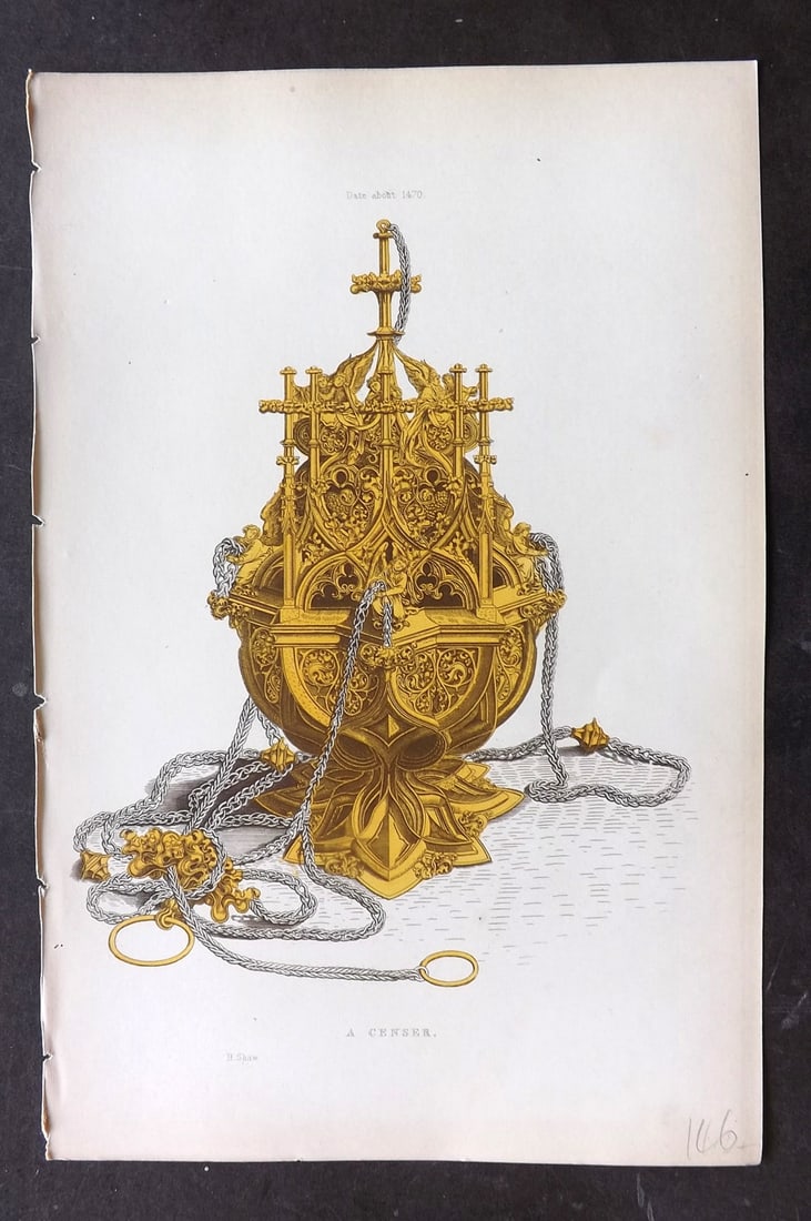 Shaw Middle Ages 1843 HCol Print. A Censer C1470: Hand Colored Aquatint Published 1843 London for "Dresses and Decorations of the Middle Ages" by Henry Shaw. Paper Size: 11 x 7 inch (28 x 18cm) Good Condition