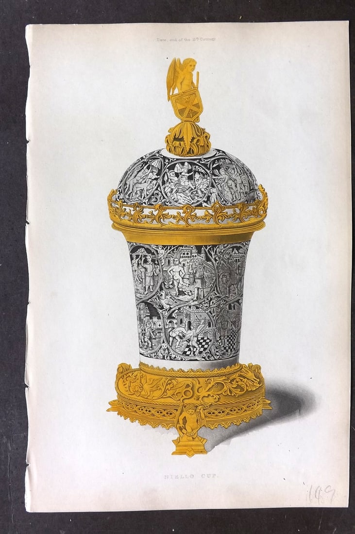 Shaw Middle Ages 1843 HCol Print. Niello Cup. 15th Century: Hand Colored Aquatint Published 1843 London for "Dresses and Decorations of the Middle Ages" by Henry Shaw. Paper Size: 11 x 7 inch (28 x 18cm) Good Condition