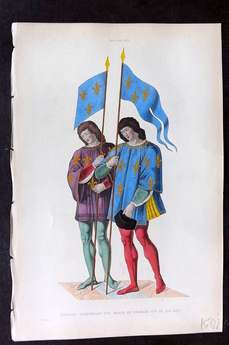 Shaw Middle Ages 1843 HCol Print. Heralds announcing the Death of Charles 6th: Hand Colored Aquatint Published 1843 London for "Dresses and Decorations of the Middle Ages" by Henry Shaw. Paper Size: 11 x 7 inch (28 x 18cm) Good Condition