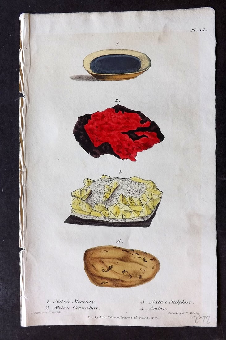 Stephenson, John 1838 Hand Col Print. Mercury, Sulphur, Cinnabar, Amber Mineralogy (1 of 1)