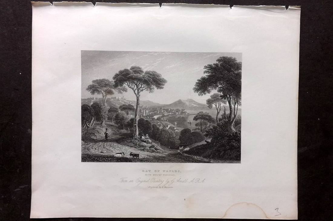 After Arnald 1834 Print. Bay of Naples & Mount Vesuvius, Italy: Steel Engraving Published 1834 by Simpkin & Marshall, London for "The Gallery of One Hundred Engravings" Paper Size: 10 x 8 inch (26 x 21cm) Tiny tone spot on image and minor water stain in bottom mar
