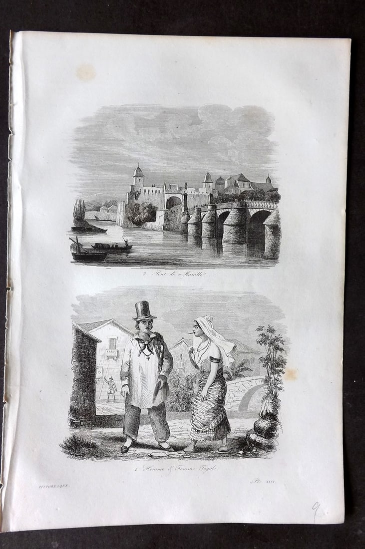 d'Urville, Jules Dumont 1834 Antique Print. Philippines - Manilla Bridge & Costume (1 of 1)