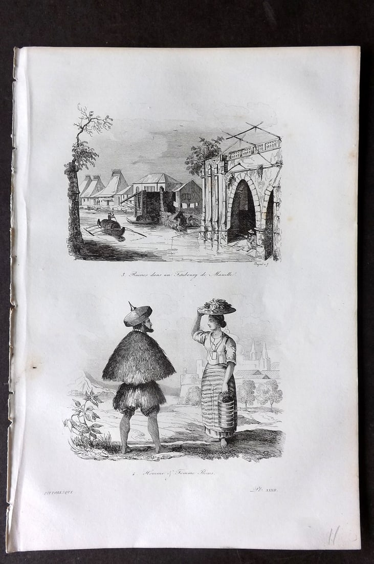 d'Urville, Dumont 1834 Antique Print. Philippines - Faubourg Manilla & Costume: Etching Published 1834, Paris for "Voyage Pittoresque autour du Monde - Resume general des voyages de decouvertes..." By Jules Dumont d'Urville. Paper Size: 10.5 x 7 inch (27 x 18cm) Very minor margin