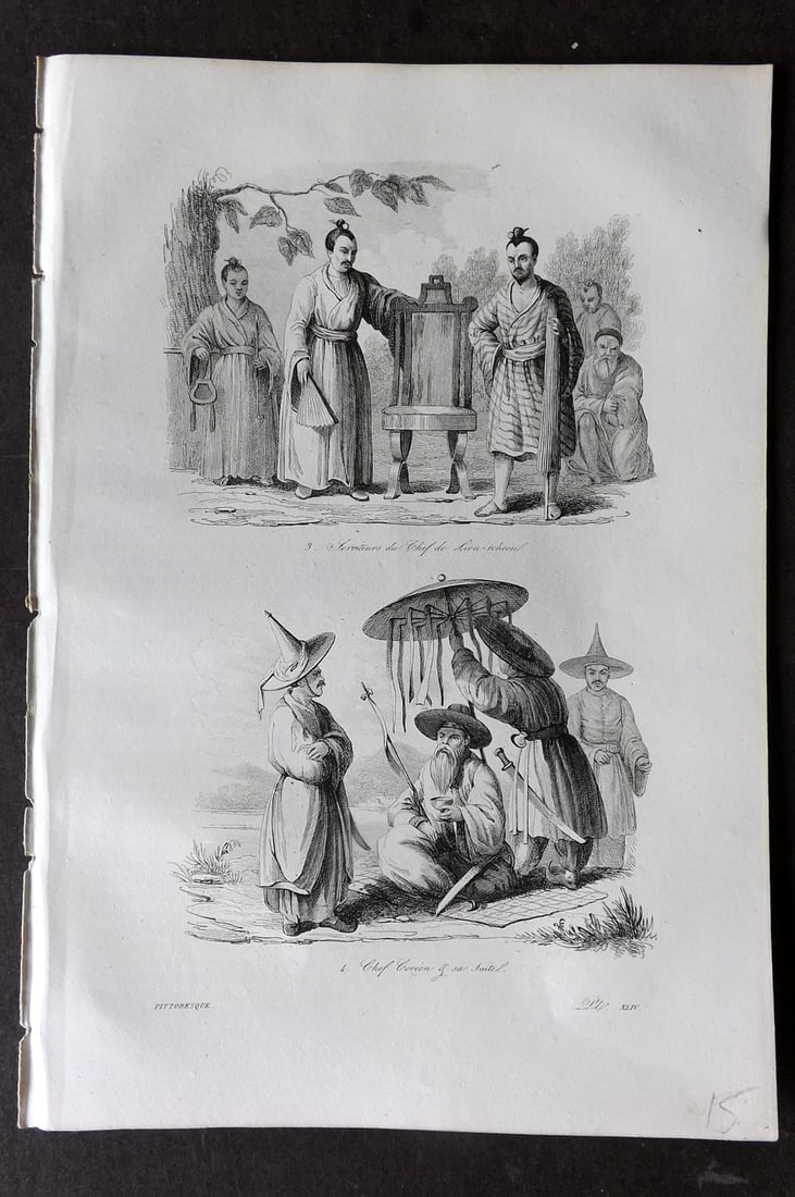 d'Urville, Jules Dumont 1834 Antique Print. Korea - Costumes: Etching Published 1834, Paris for "Voyage Pittoresque autour du Monde - Resume general des voyages de decouvertes..." By Jules Dumont d'Urville. Paper Size: 10.5 x 7 inch (27 x 18cm) Good Condition