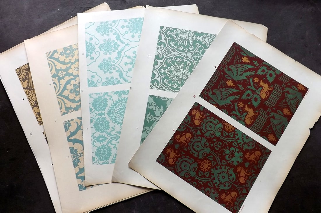 Fischbach, Frederick 1884 Lot of 10 Folio Textile Prints: Folio Chromolithograph Published 1882-84, London for "Ornament of Textile Fabrics" by Frederick Fischbach. Scarce. Paper Size: 17 x 12 inch (43 x 30cm) Good Condition