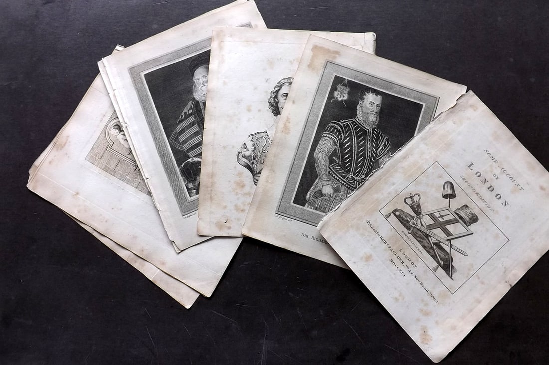 Pennant, Thomas 1791 Lot of 8 London Views & Portraits: Antique Copper Plate Published 1791, London for "Some Account of London" Second Edition by Thomas Pennant. Toning present. 8 incl Illus. Title. Paper Size: 9.5 x 7.5 inch (24 x 19cm) Some toning in pa