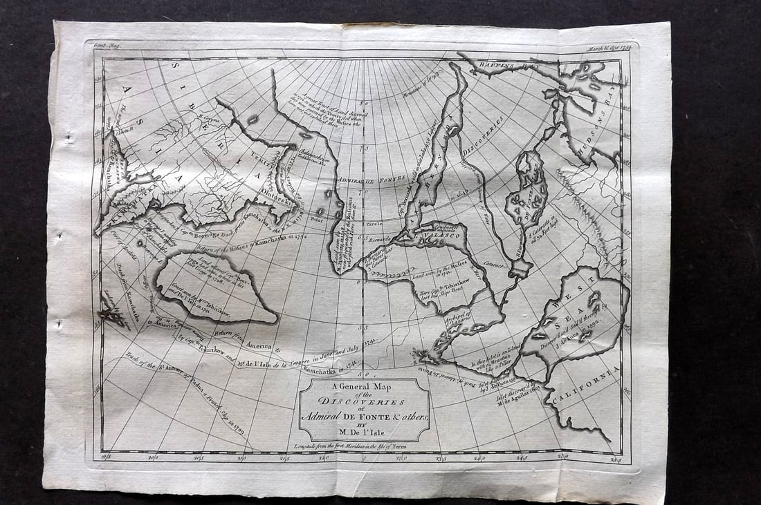 Gentleman's Mag 1754 Antique Map. Discoveries of Admiral De Fonte (1 of 1)