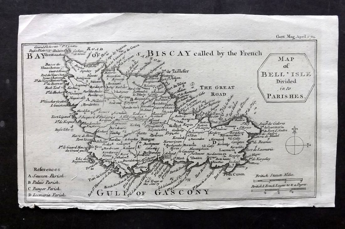 Gentleman's Mag 1761 Antique Map. Belle Ile, Bay of Biscay, France: "Map of Bell' Isle divided in to Parishes" Copper Engraved Map Published London 1731-1833, London for "The Gentleman's Magazine..." by Various Contributors. Paper Size: 8 x 5 inch (21 x 14cm) Good Con