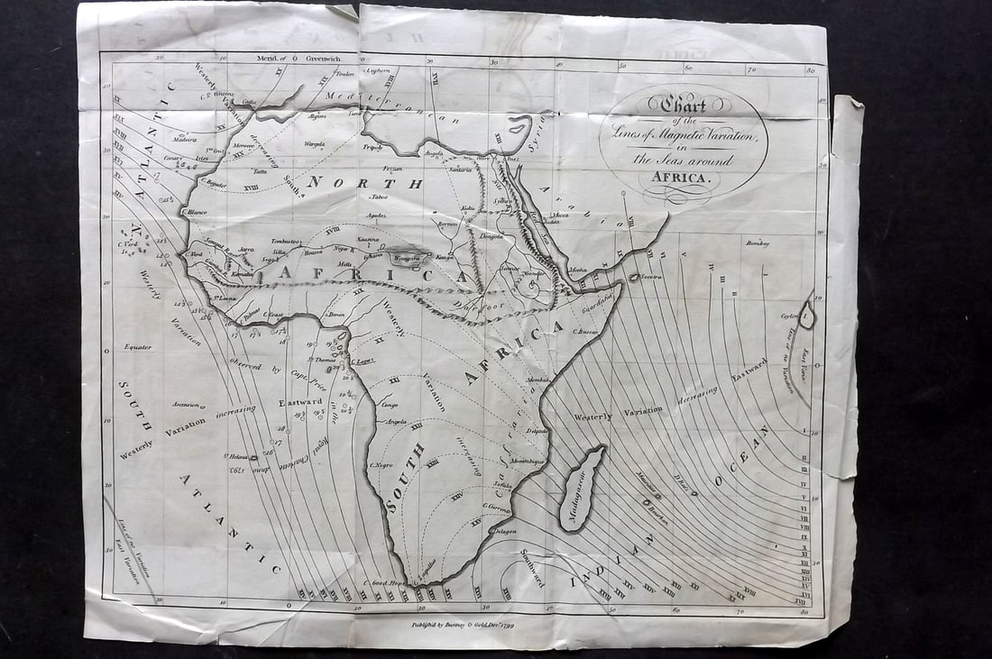 Gold, Joyce 1799 Map of Magnectic Variation in the Seas around Africa: "Chart of the Lines of Magnectic Variation in the Seas around Africa" Copper Engraved Map Published 1799-1818 by Joyce Gold, London for "The Naval Chronicle" Folds as issued. Paper Size: 12 x 10 inch 