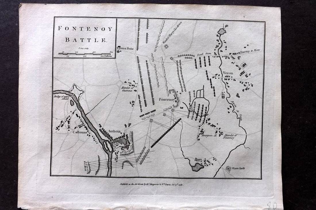 Cary, John 1781 Antique Map. Fontenoy Battle Plan, Belgium: Copper Engraved Map Published 1781 by J. Macgowan, London for "The Field of Mars" Rare. Engraved by John Cary. Paper Size: 10 x 8 inch (26 x 20cm) Good Condition