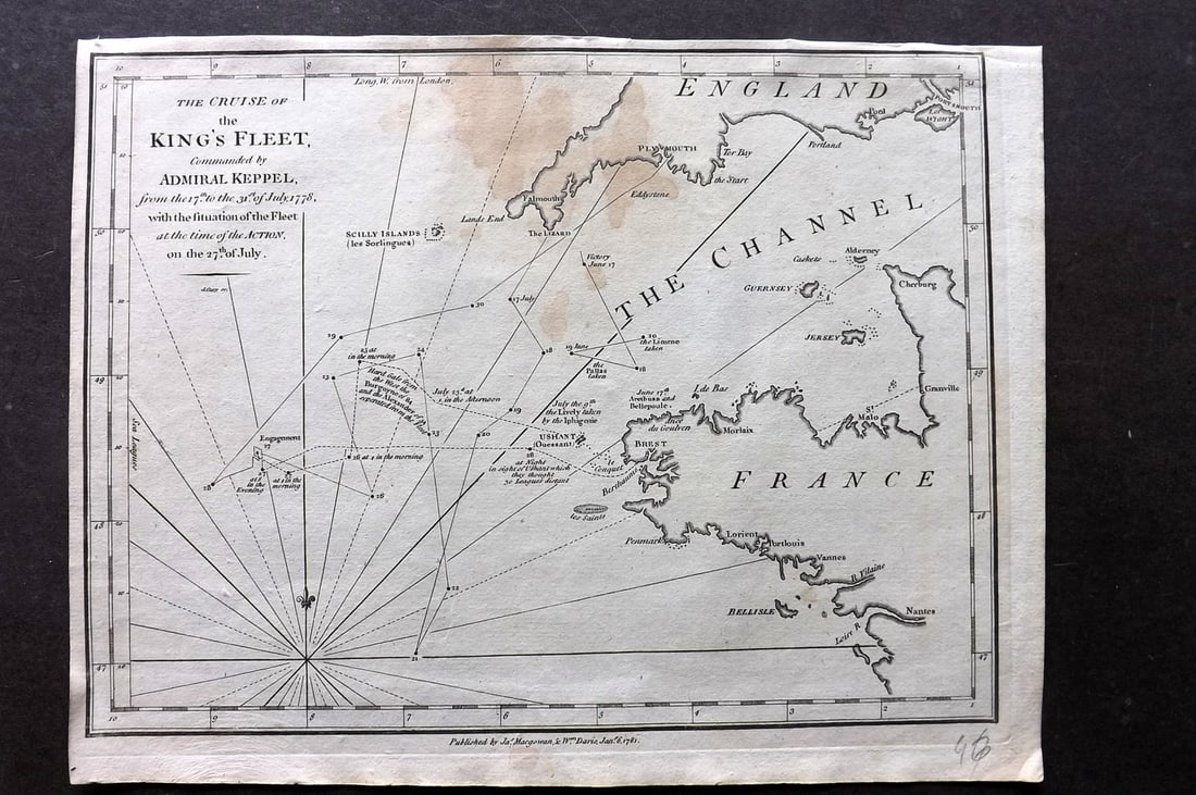 Cary, John 1781 Antique Map. Cruise of the King's Fleet. English Channel: Copper Engraved Map Published 1781 by J. Macgowan, London for "The Field of Mars" Rare. Engraved by John Cary. Paper Size: 10 x 8 inch (26 x 20cm) Some staining present