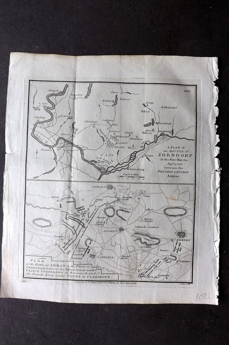 Cary, John 1781 Antique Map. Plan of Battle of Zorndorf, Poland & Battle of Anrat (1 of 1)