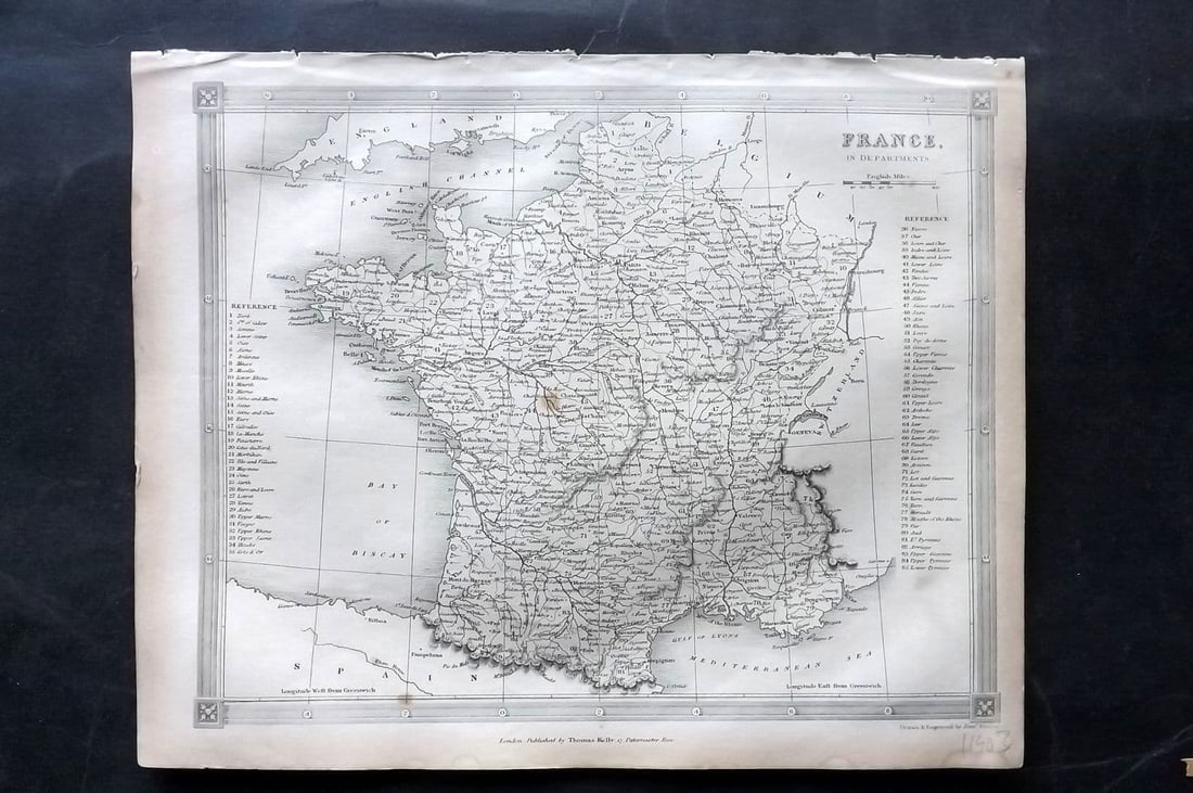 Kelly & Barclay 1843 Antique Map. France: Antique Steel Engraved Map Published 1843 by Thomas Kelly, London for "A New and Universal English Dictionary" by the Rev. James Barclay. Very minor toning. Paper Size: 10.5 x 8 inch (27 x 21cm)