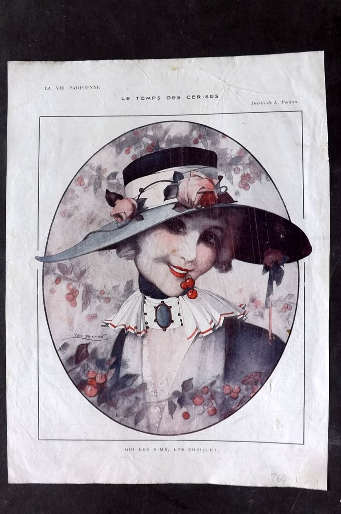 La Vie Parisienne 1916 Art Deco Print. Le Temps des Cerises by Leo Fontan: Lithograph Published 1916, Paris for "La Vie Parisienne" Illustrated by Lissac, Barbier, Vallet, Valee, Prejelan, Herouard, Fournier, Kuhn-Regnier, Georges L?onnec and others. Verso text, but none sho