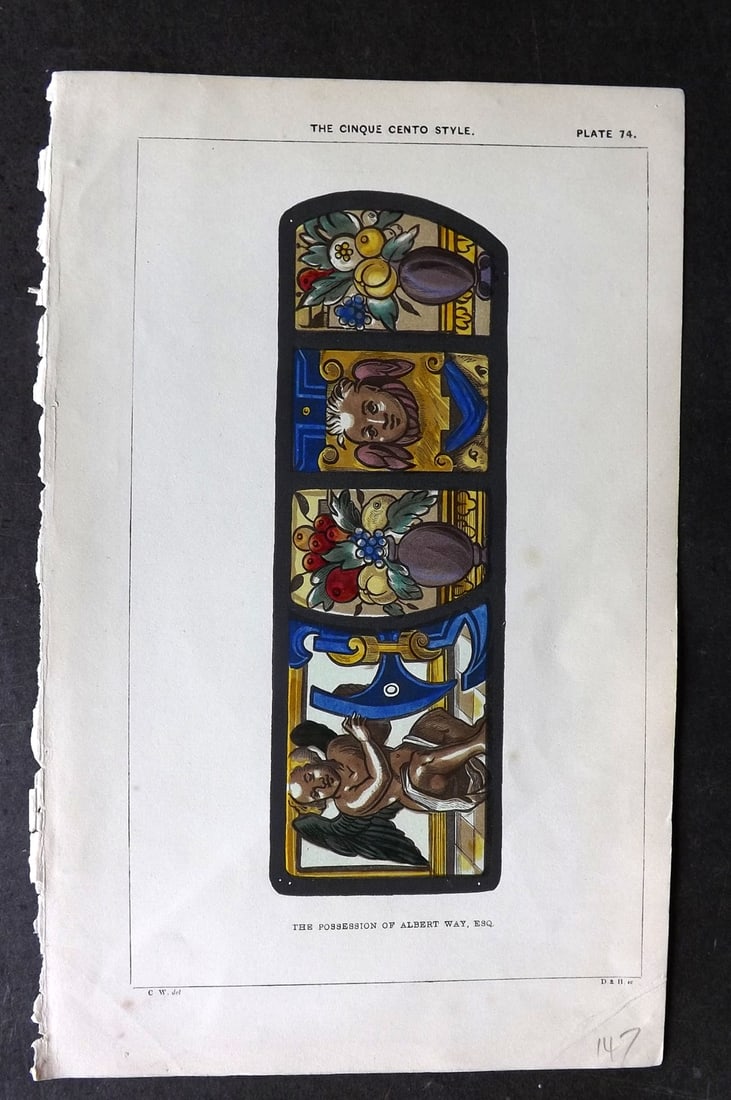 Winston, Charles 1847 Hand Col Stained Glass Print. Cinque Cento Style 74: Hand Colored Woodblock Published 1847, London for "An Inquiry Into the Difference of Style Observable in Ancient Glass Paintings, Especially in England, with Hints on Glass Painting" by Charles Winsto
