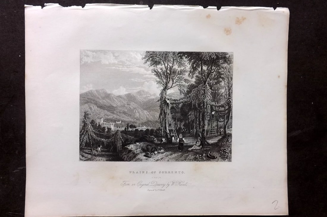 After Havell 1834 Print. Plains of Sorrento, Italy: Steel Engraving Published 1834 by Simpkin & Marshall, London for "The Gallery of One Hundred Engravings" Paper Size: 10 x 8 inch (26 x 21cm) Minor margin toning. Good Condition