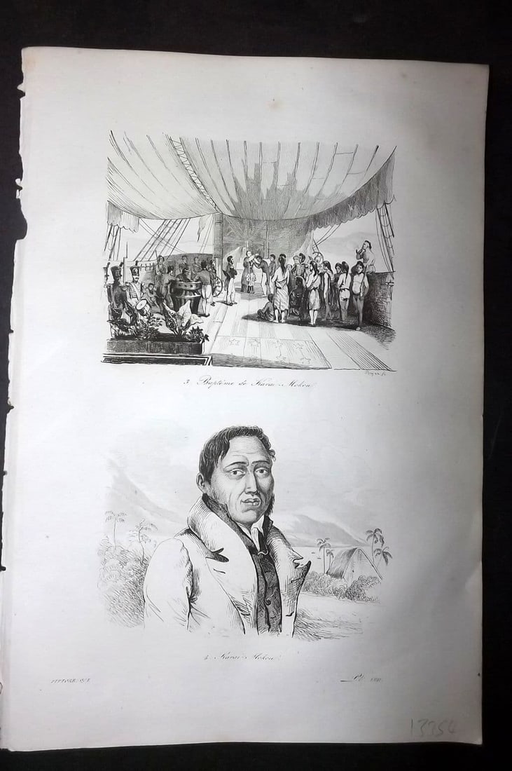 d'Urville, Jules Dumont 1834 Antique Print. Hawaii - Baptism of Karai-Mokou & Portrait: Antique Etching Published 1834, Paris for "Voyage Pittoresque autour du Monde - Resume general des voyages de decouvertes..." By Jules Dumont d'Urville. Paper Size: 10.5 x 7 inch (27 x 18cm) Good Cond