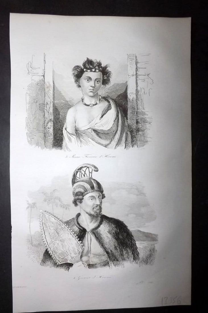 d'Urville, Jules Dumont 1834 Antique Print. Hawaii - Male & Female Portraits: Antique Etching Published 1834, Paris for "Voyage Pittoresque autour du Monde - Resume general des voyages de decouvertes..." By Jules Dumont d'Urville. Paper Size: 10.5 x 6.5 inch (27 x 18cm) Left ma