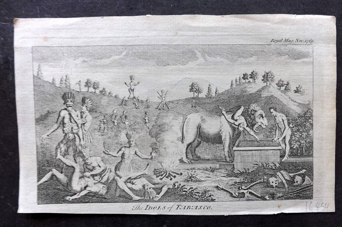 Royal Magazine 1769 Antique Print. Idols of Tabasco, Mexico: Antique Copper Plate Published 1759-71 by J. Coote, London for "The Royal Magazine; or, Gentleman's Monthly Companion" Paper Size: 8 x 5 inch (20 x 13cm) Good Condition