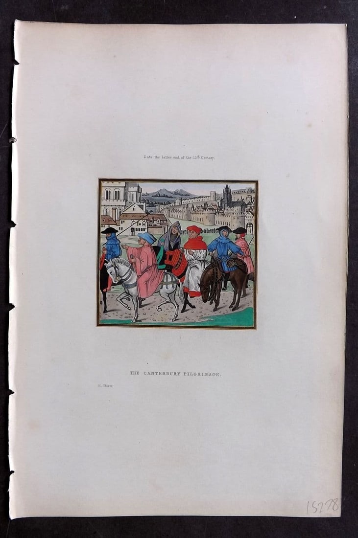 Shaw, Henry 1843 HCol Print. Canterbury Pilgrimage. 15th Century: Antique Aquatint Published 1843 London for "Dresses and Decorations of the Middle Ages" by Henry Shaw. Fine hand colour as issued. Paper Size: 11 x 7 inch (28 x 18cm) Good Condition