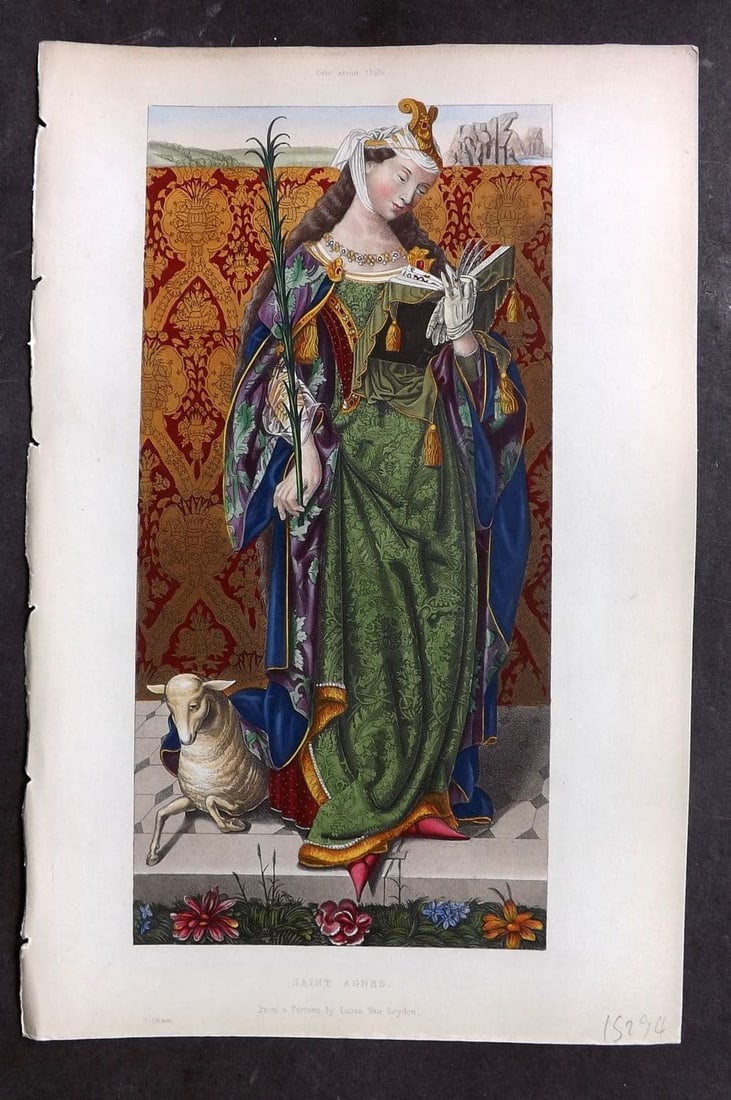 Shaw, Henry 1843 HCol Print. Saint Agnes about 1520 by Lucas van Leyden (1 of 1)