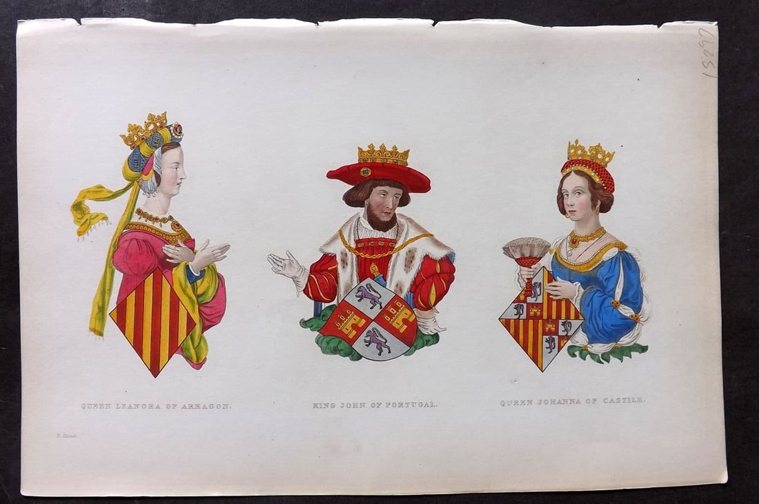 Shaw, Henry 1843 Queen Leanora of Arragon & Johanna of Castile, King John of Portugal: Antique Aquatint Published 1843 London for "Dresses and Decorations of the Middle Ages" by Henry Shaw. Fine hand colour as issued. Paper Size: 11 x 7 inch (28 x 18cm) Good Condition