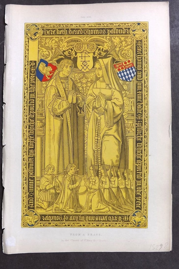 Shaw, Henry 1843 HCol Print. From a Brass, Church of St. Mary Key, Ipswich: Antique Aquatint Published 1843 London for "Dresses and Decorations of the Middle Ages" by Henry Shaw. Fine hand colour as issued. Paper Size: 11 x 7 inch (28 x 18cm) Good Condition
