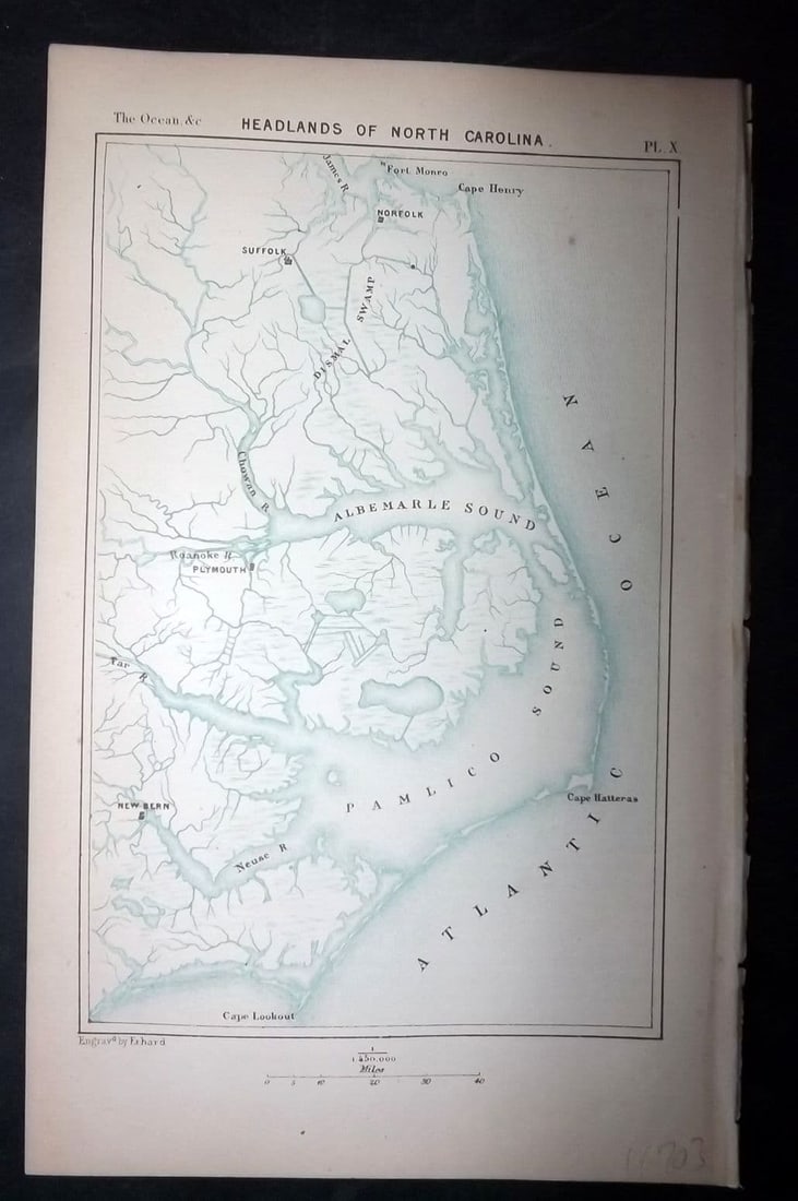 Reclus, Elisee 1873 Antique Map. Headlands of North Carolina, USA: Antique Lithograph Map Published 1873, New York for "The Ocean, Atmosphere and Life" by Elisee Reclus. Paper Size: 9 x 5.5 inch (23 x 14cm) Good Condition