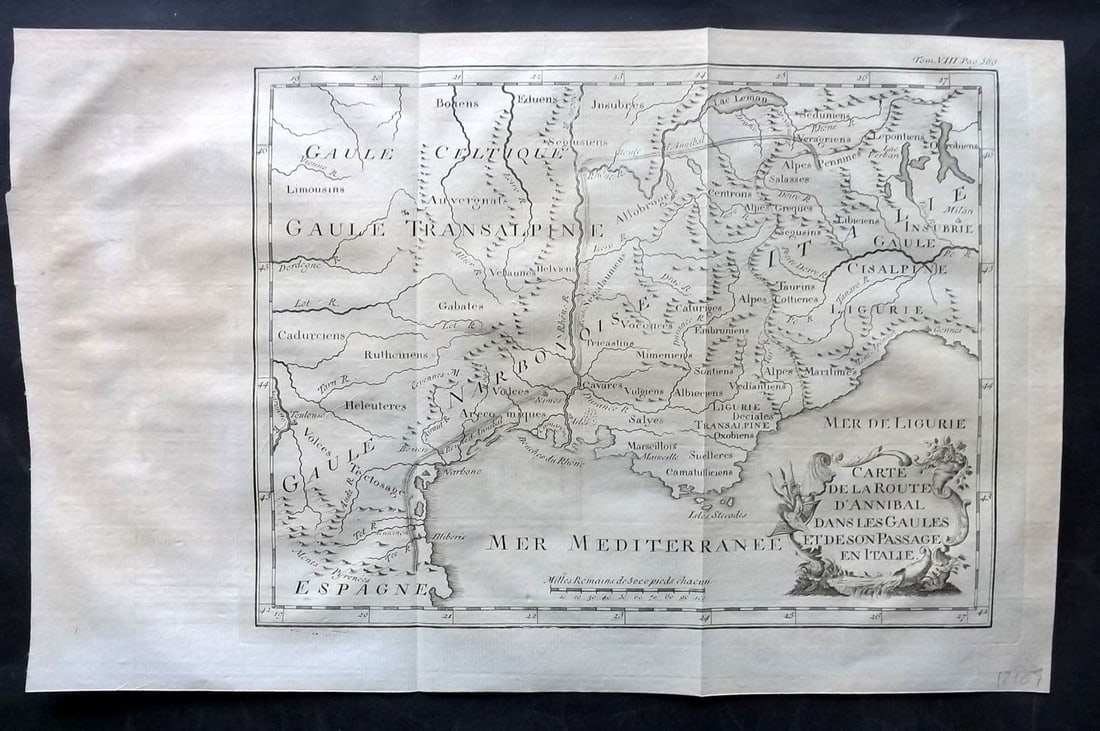 Psalmanazar & Sale C1770 Map. Carte de la Route d'Annibal dans les Gaules: Antique Copper Engraved Map Published 1747-82 Amsterdam and Leipzig for "Histoire Universelle, depuis le commencement du monde" 4to Edition by George Sale, George Psalmanazar, Thomas Salmon et al. Fol