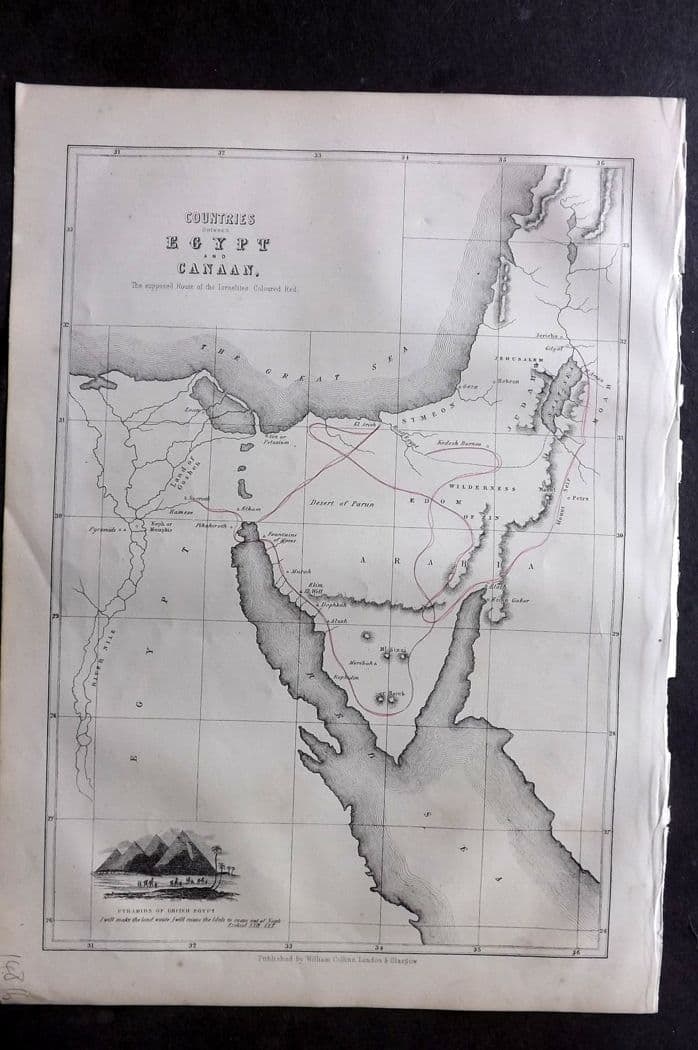 William Collins (Pub) 1857 Antique Map. Countries between Egypt and Canaan: Antique Steel Engraved Map Published 1857, London & Glasgow for "The Holy Bible, According to the Authorised Version..." by The Rev. John McFarlane.. Paper Size: 13.5 x 9.5 inch (34 x 24cm) Good Condi