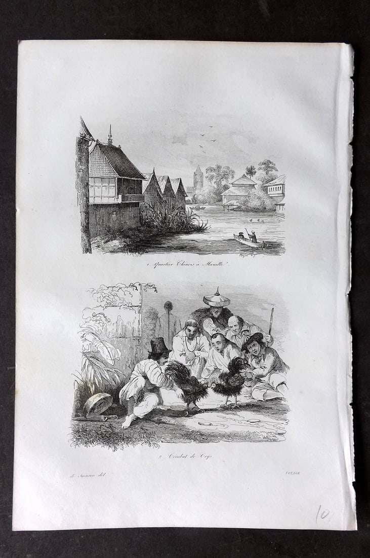 d'Urville, Jules Dumont 1834 Antique Print. Philippines - Manilla Chinese Quarter & Cockfighting (1 of 1)