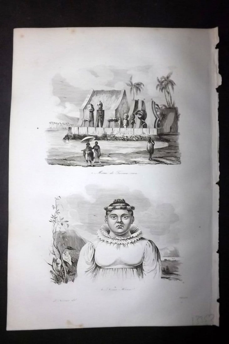 d'Urville, Jules Dumont 1834 Antique Print. Hawaii - Houses of the dead & Vema Hana: Antique Etching Published 1834, Paris for "Voyage Pittoresque autour du Monde - Resume general des voyages de decouvertes..." By Jules Dumont d'Urville. Paper Size: 10.5 x 7 inch (27 x 18cm) Very mino