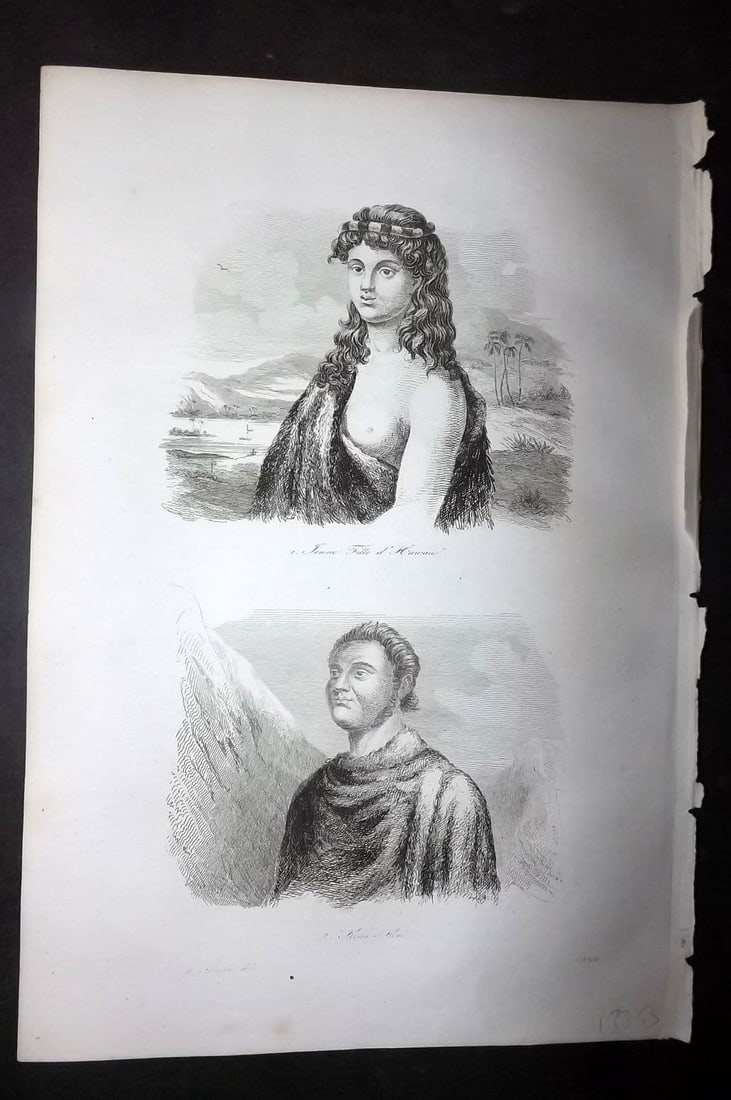 d'Urville, Jules Dumont 1834 Antique Print. Hawaii - Female & Male Portraits (1 of 1)