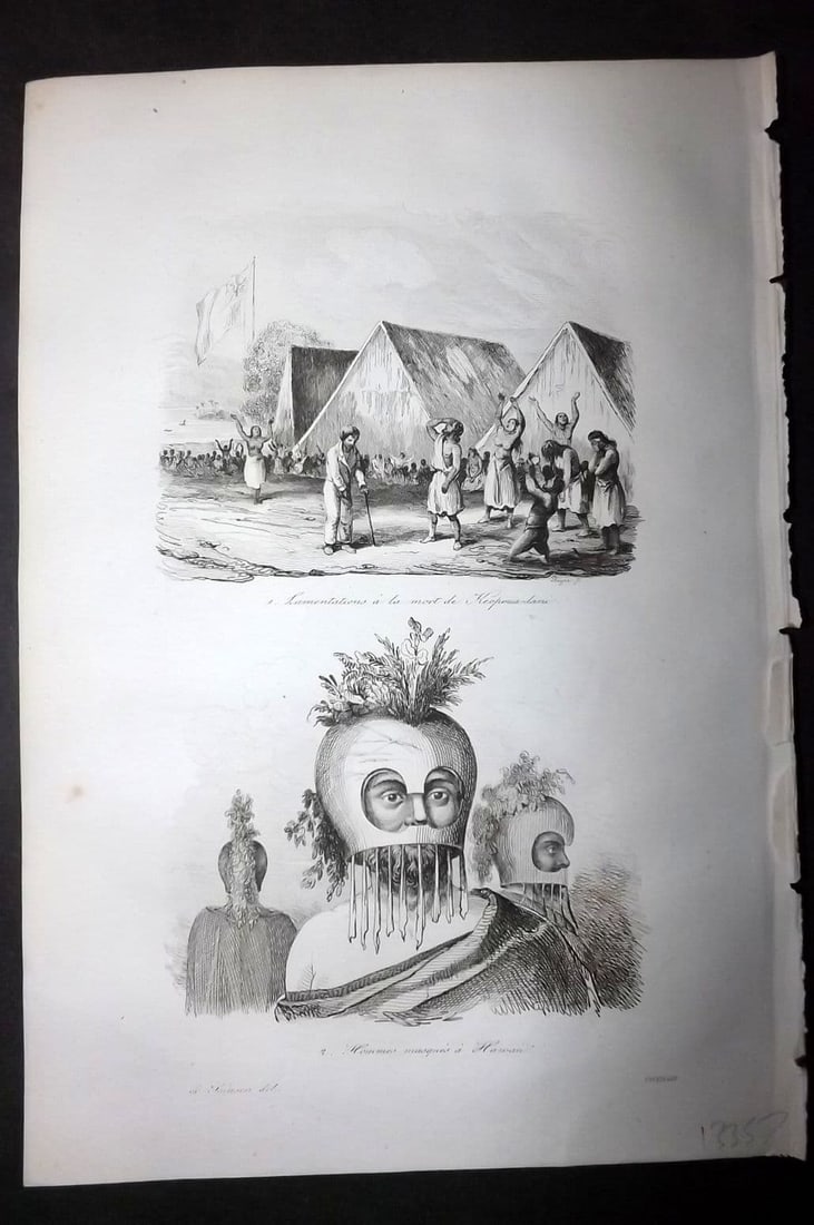 d'Urville, Jules Dumont 1834 Antique Print. Hawaii - Ceremony & Masked Man (1 of 1)