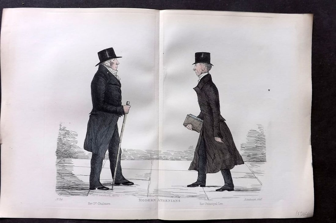 Crombie, Benjamin 1882 HCol Scottish Portrait Print. Rev Dr. Chambers & Principal Lee: Antique Etching Published 1882, Edinburgh for "Modern Athenians A Series of Original Portraits of Memorable Citizens of Edinburgh" Drawn and Etched by Benjamin W. Crombie between 1837-47. Centre fold