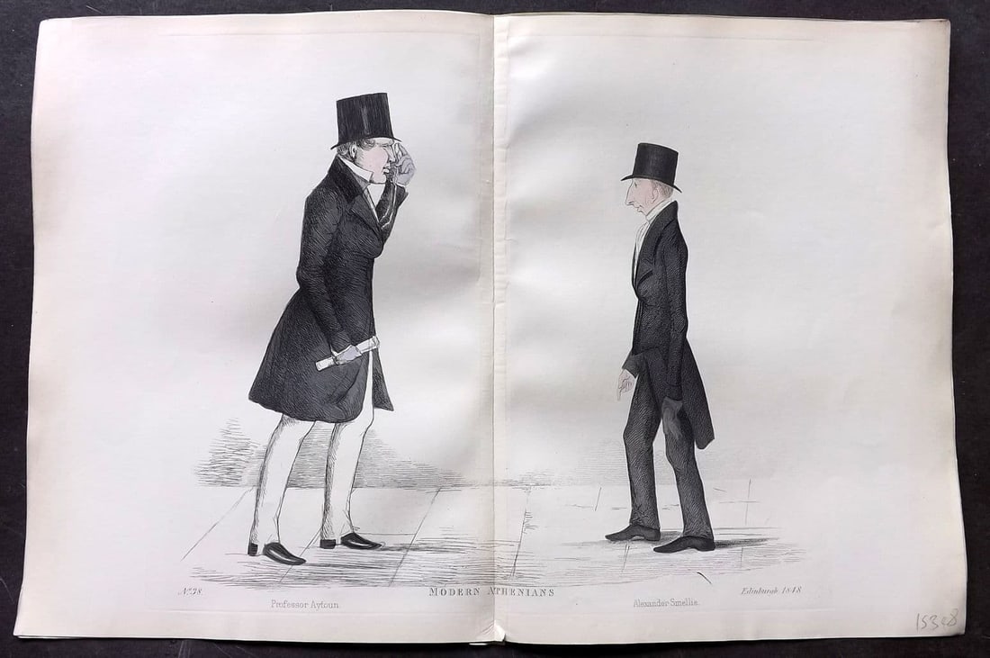 Crombie, Benjamin 1882 HCol Scottish Portrait Print. Prof. Aytoun & Alexander Smellie: Antique Etching Published 1882, Edinburgh for "Modern Athenians A Series of Original Portraits of Memorable Citizens of Edinburgh" Drawn and Etched by Benjamin W. Crombie between 1837-47. Centre fold