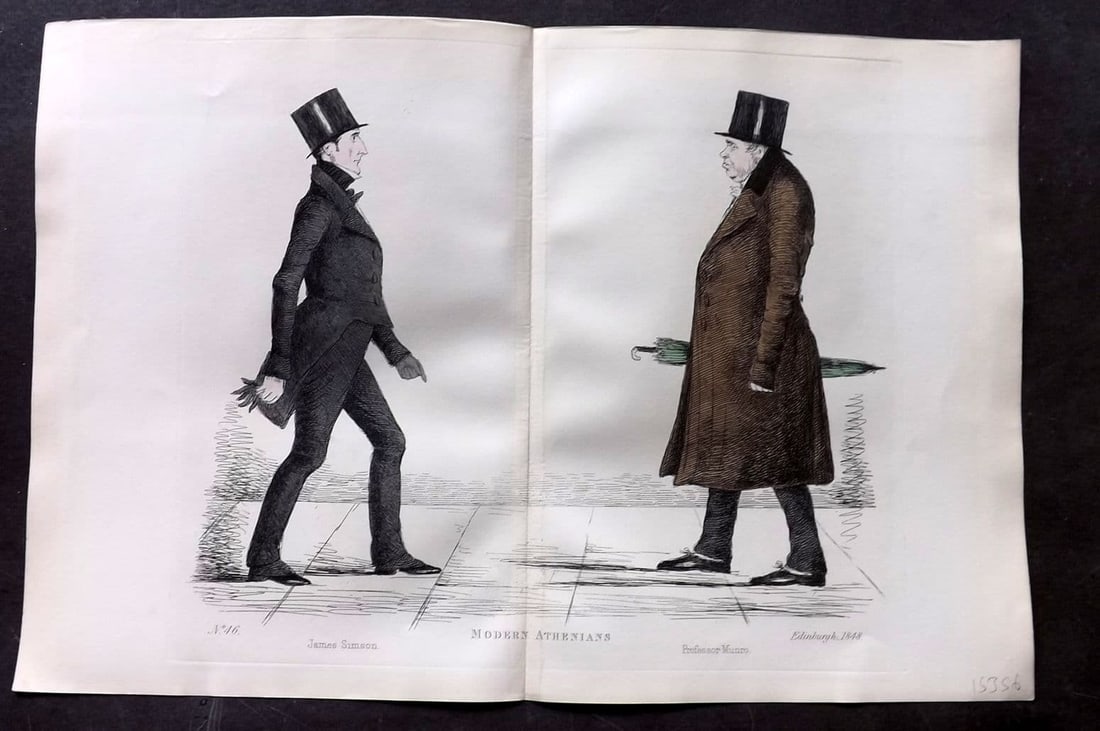 Crombie, Benjamin 1882 HCol Scottish Portrait Print. James Simson & Professor Munro: Antique Etching Published 1882, Edinburgh for "Modern Athenians A Series of Original Portraits of Memorable Citizens of Edinburgh" Drawn and Etched by Benjamin W. Crombie between 1837-47. Centre fold