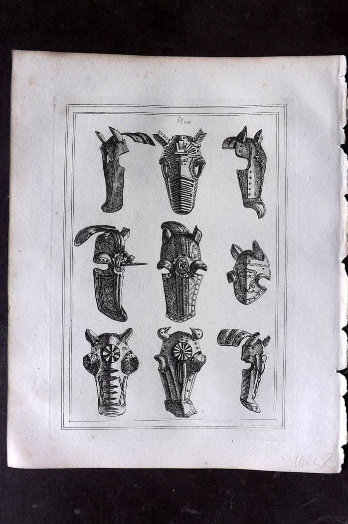 Grose, Francis 1801 Antique Military Print. Ancient Armour for the Horse. Barding 24: Antique Copper Plate Published 1801, London for "Military Antiquities Respecting a History of the English Army from the Conquest to the Present Time" by Francis Grose. Paper Size: 10.5 x 8 inch (27 x