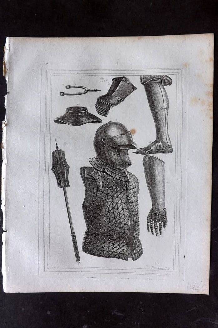 Grose, Francis 1801 Antique Military Print. Ancient Armour 26: Antique Copper Plate Published 1801, London for "Military Antiquities Respecting a History of the English Army from the Conquest to the Present Time" by Francis Grose. Paper Size: 10.5 x 8 inch (27 x