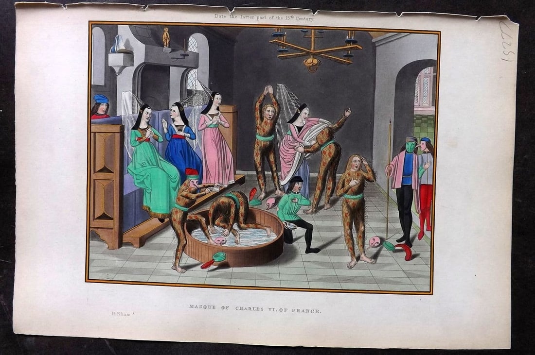 Shaw, Henry 1843 HCol Print. Masque of Charles VI of France. 15th Cent: Antique Aquatint Published 1843 London for "Dresses and Decorations of the Middle Ages" by Henry Shaw. Fine hand colour as issued. Paper Size: 11 x 7 inch (28 x 18cm) Good Condition