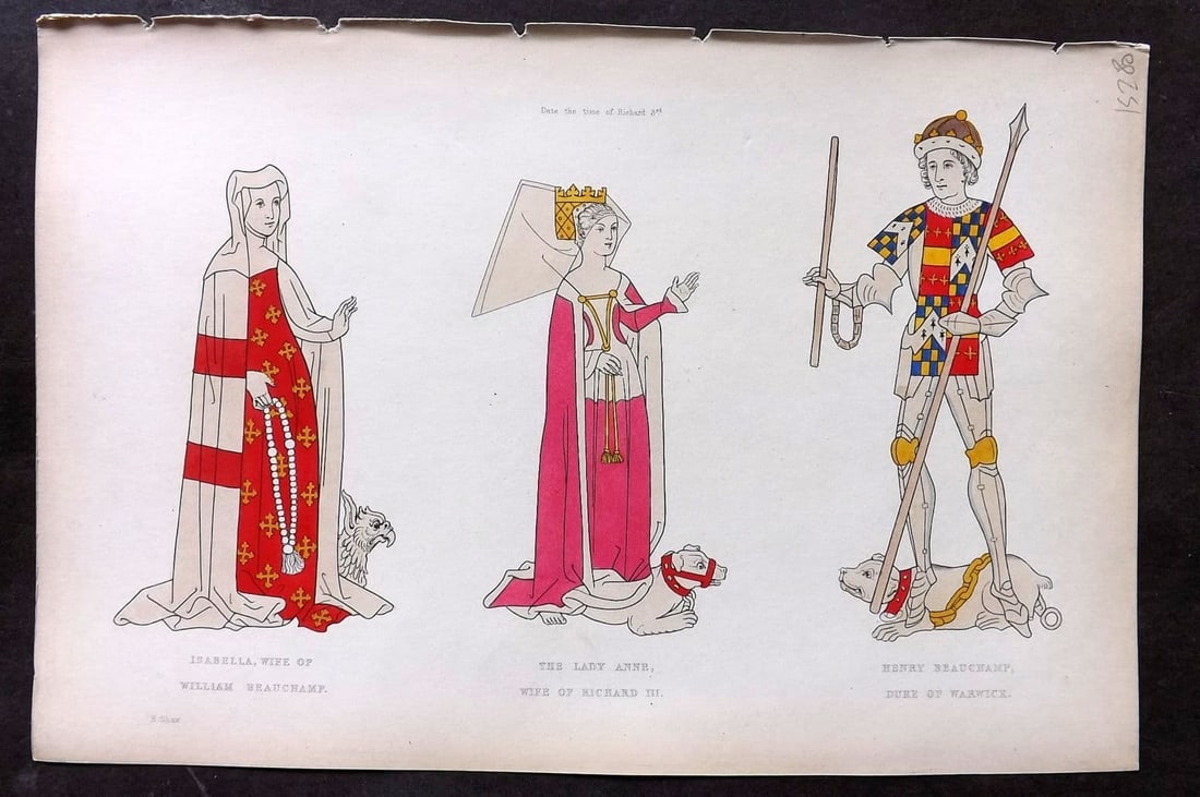 Shaw, Henry 1843 HCol Print. Isabella wife of Beauchamp, Lady Anne, Duke of Warwick: Antique Aquatint Published 1843 London for "Dresses and Decorations of the Middle Ages" by Henry Shaw. Fine hand colour as issued. Paper Size: 11 x 7 inch (28 x 18cm) Good Condition