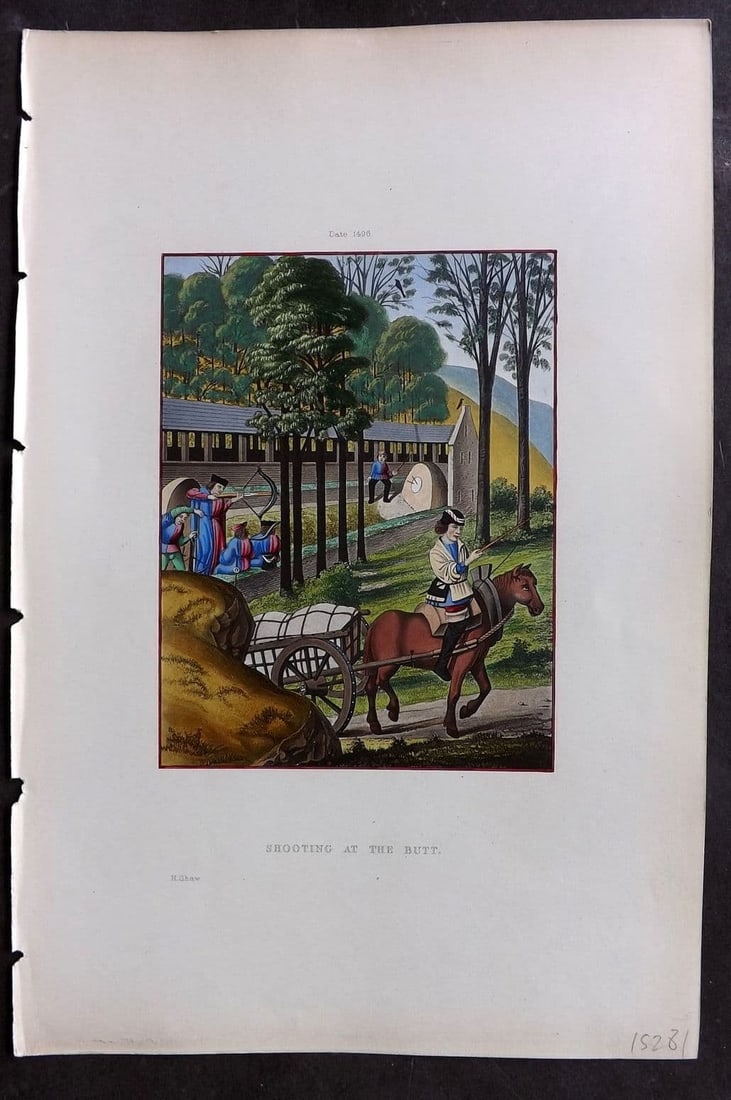 Shaw, Henry 1843 HCol Print. Shooting at the Butt. Archery 1496: Antique Aquatint Published 1843 London for "Dresses and Decorations of the Middle Ages" by Henry Shaw. Fine hand colour as issued. Paper Size: 11 x 7 inch (28 x 18cm) Good Condition